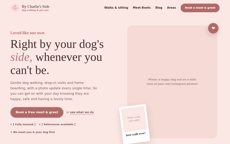 By Charlie's Side pet care website designed by Klariq